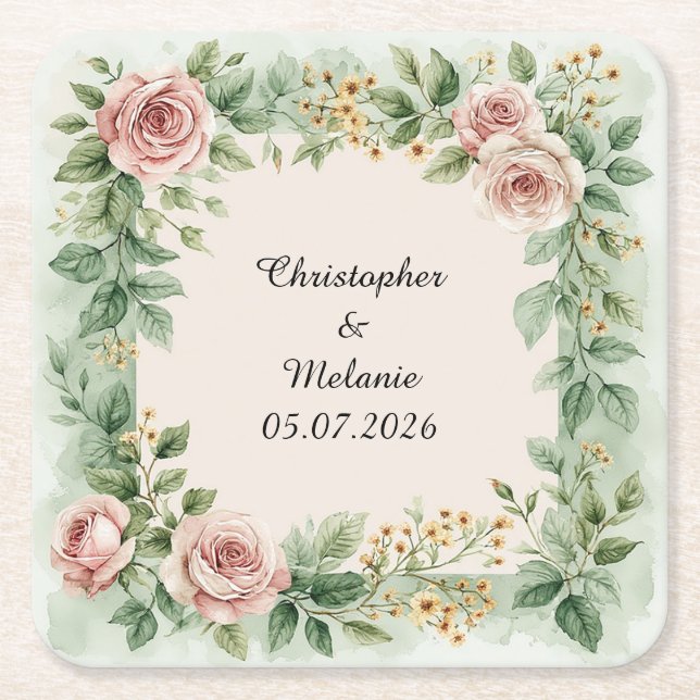 Elegant vattenfärgblommig ram underlägg papper kvadrat (Framsidan)