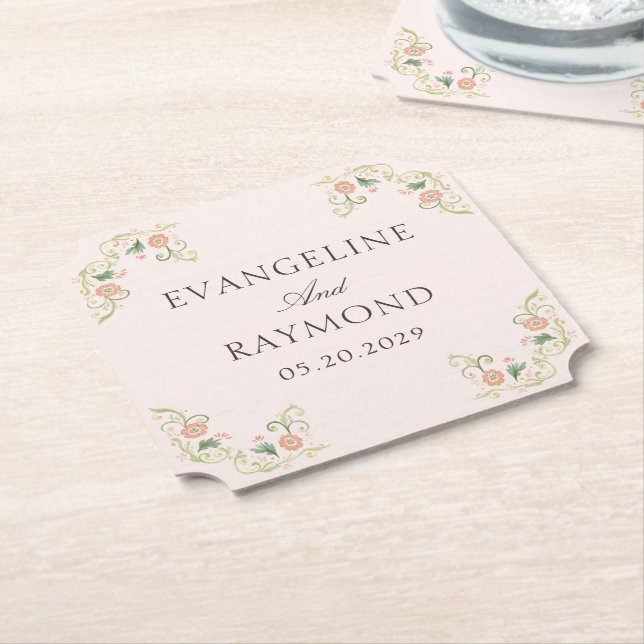 Elegant vattenfärgblommig rokoko bröllop  underlägg papper (Vinklad)
