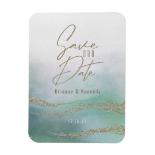Elegant Vattenfärgen Aqua Ocean & Guld Spara datum Magnet