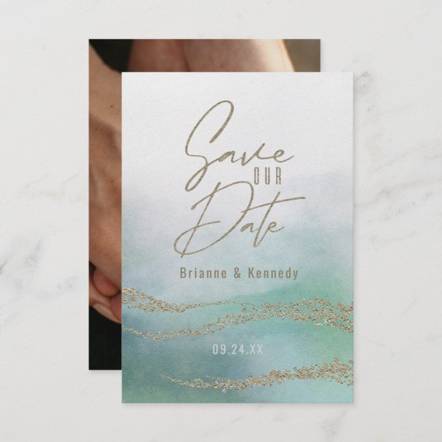 Elegant Vattenfärgen Aqua Ocean & Guld Spara datum Spara Datumet (Fram/baksida)