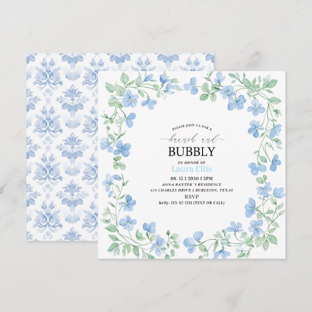 Elegant vattenfärgen blåa blommor brunch och bubbl inbjudningar (Fram/baksida)