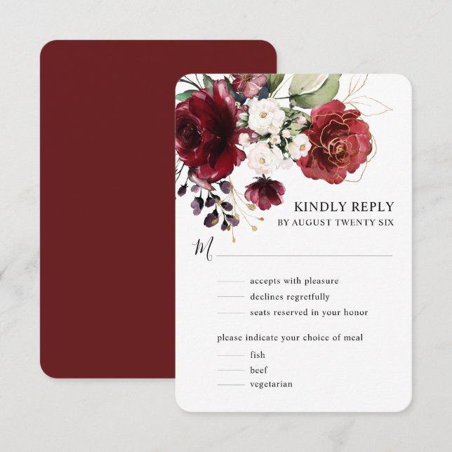 Elegant Vattenfärgen Guld Burgundy Blommigt w Meal OSA Kort (Fram/baksida)