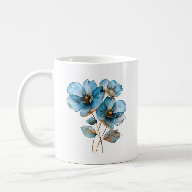 Elegant vattenfärgen himmel blå och guld blommor kaffemugg (Vänster)