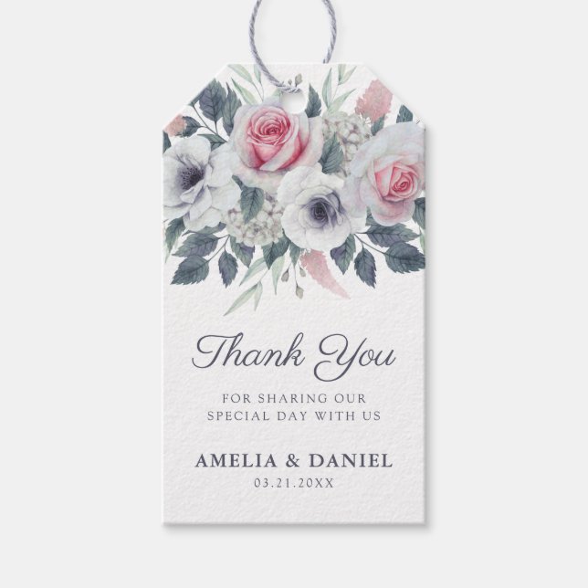 Elegant Vattenfärgen Ro Blue Bröllop Tack Presentetikett (Framsidan)