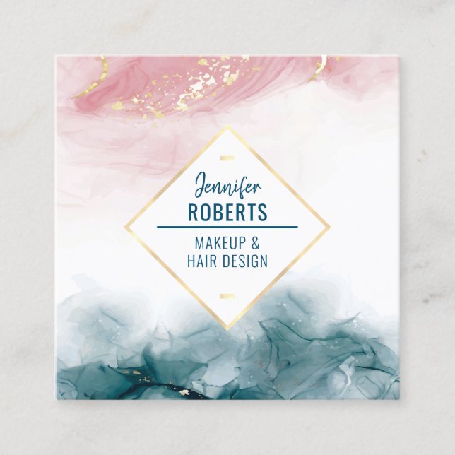 Elegant Vattenfärgen Rosa Blue Guld Alcohol Bläck Fyrkantigt Visitkort (Framsida)