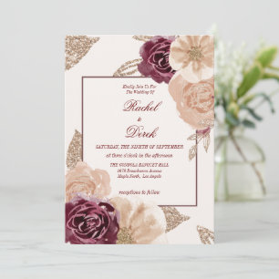 Elegant Vattenfärgen Rosa Burgundy Blommigt Bröllo Inbjudningar