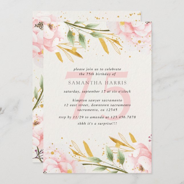 Elegant Vattenfärgen Rosa & Guld 75:e Födelsedagsf Inbjudningar (Fram/baksida)