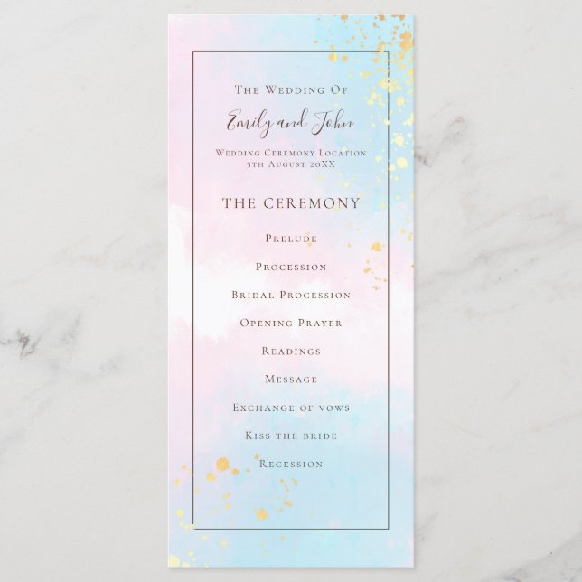 Elegant Vattenfärgen Rosa Teal Guld Confetti Bröll Program (Framsida)