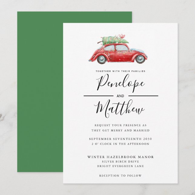 Elegant Vattenfärgen Rustic Car jul Bröllop Inbjudningar (Fram/baksida)
