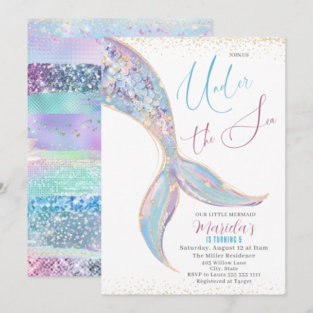 Elegant Vattenfärgen Sjöjungfru Svan under 5 dagar Inbjudningar (Fram/baksida)