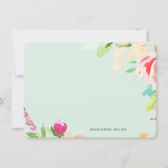 Elegant Vattenfärgens Blommigt Personlig Mint Blue Anteckningskort (Framsida)