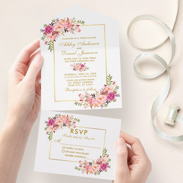 Elegant Vattenfärgens Blommigt Rosa  Guld (All In One Wedding Invitation with tear off RSVP Card)
