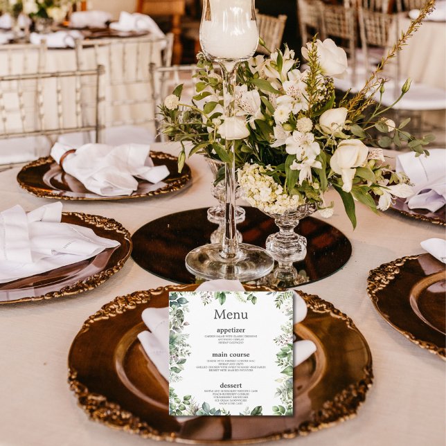 Elegant Vattenfärgens Grönt Löv Bröllop fyrkant Meny (Skapare uppladdad)