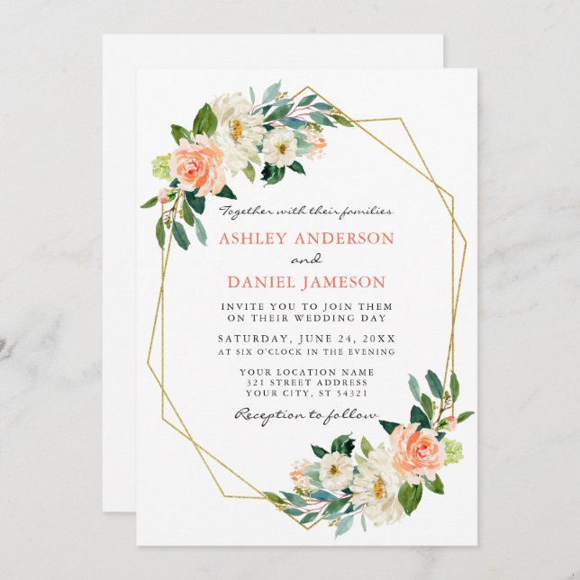 Elegant Vattenfärgfoto för koral Blommigt Guld Ram Inbjudningar (Fram/baksida)