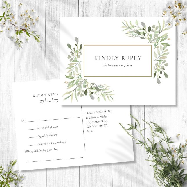 Elegant vattenfärggrönska bröllop RSVP Inbjudan Vykort (Elegant Watercolor Greenery Wedding RSVP Invitation Postcard)