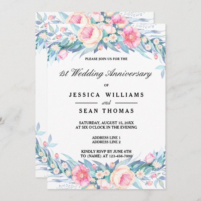 Elegant Vattenfärgning Blommigt 1:a Bröllop-årsdag Inbjudningar (Fram/baksida)