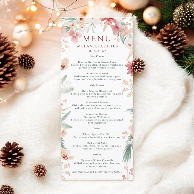 Elegant Vattenfärgning Blommigt Vinterjul Bröllop Meny (Elegant Watercolor Floral Winter Christmas Wedding Menu)