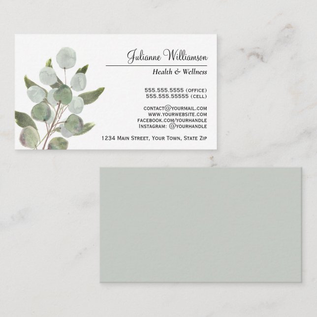 Elegant Vattenfärgning Eucalyptus Löv Feminin Visitkort (Fram/baksida)