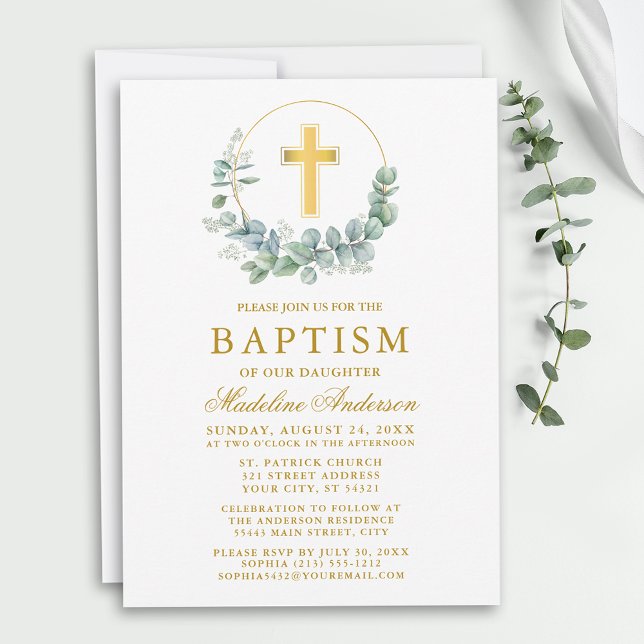 Elegant Vattenfärgning Eucalyptus Löv Guld Baptism Inbjudningar (Customize to change text size, style, color or to add more text or photos to back of card.)