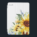 Elegant Vattenfärgning Solblommor Blommigt Personl iPad Mini Skydd<br><div class="desc">Vackert ipad cover med vattenfärgade solblommor och blåa vilda gulter med grön färg. Anpassa med ditt namn eller monogram. Det moderna typsnittet för kalligrafi kan ändras till valfritt alternativ.</div>