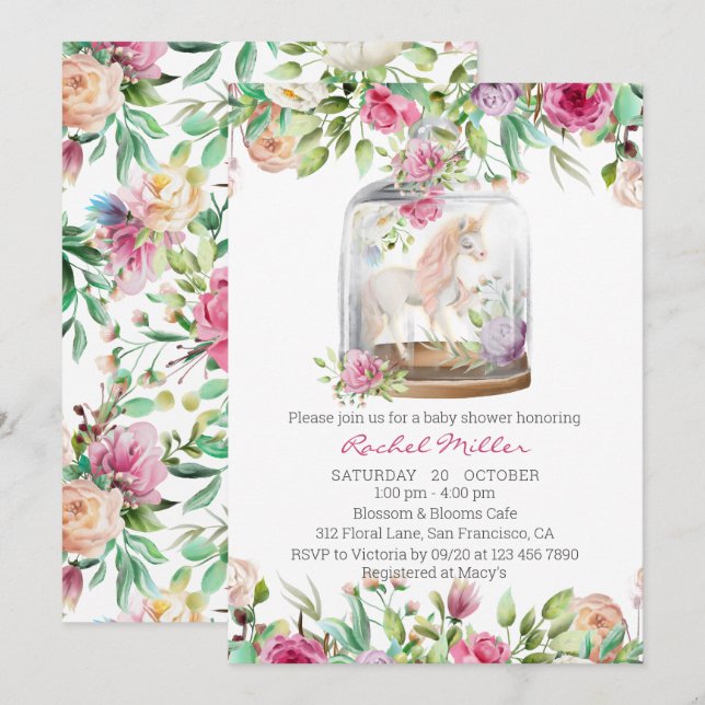 Elegant Vattenfärgning Unicorn Chic Blommigt Baby  Inbjudningar (Fram/baksida)