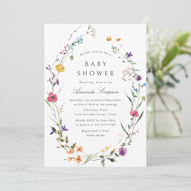 Elegant Vattenfärgning Vild Blommor Babykläder Inbjudningar (Stående Fram)