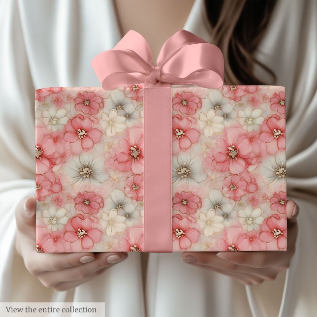 Elegant vattenfärgrosafärgad och guldblommig 50-år presentpapper (Chic watercolor blush & gold floral 50th birthday Wrapping Paper)