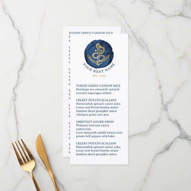 Elegant Vattenfärgsankare Nautisk marin Namn Blue Meny (Fram/Back In Situ)