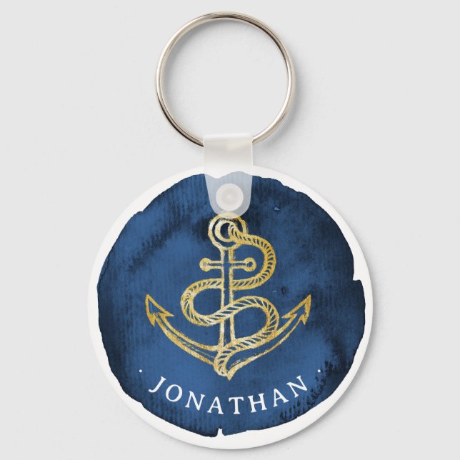 Elegant Vattenfärgsankare Nautisk marin Namn Blue Nyckelring (Framsida)
