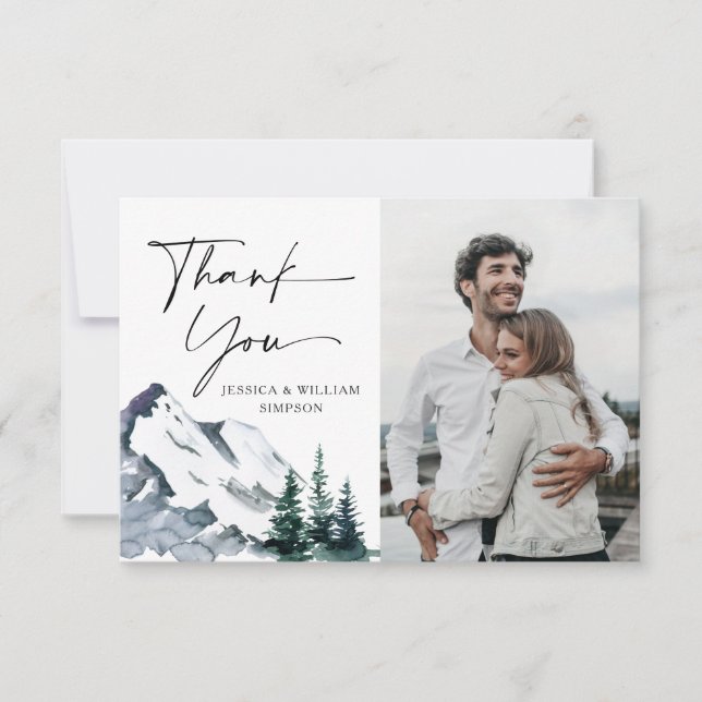 Elegant Vattenfärgsberg Forest PHOTO Bröllop Tack Kort (Framsida)