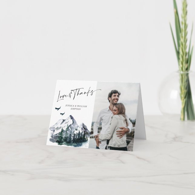 Elegant Vattenfärgsberg Forest PHOTO Bröllop  Tack Kort (Framsida)