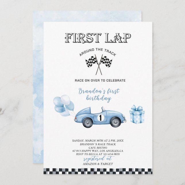 Elegant Vattenfärgsbil Tävling första Födelsedagsf Inbjudningar (Fram/baksida)