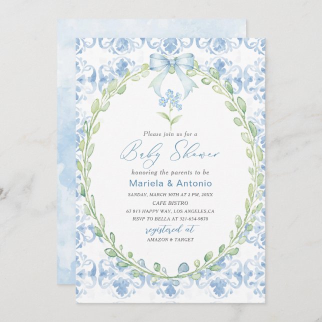 Elegant Vattenfärgsblå babybabybabyskor Inbjudningar (Fram/baksida)