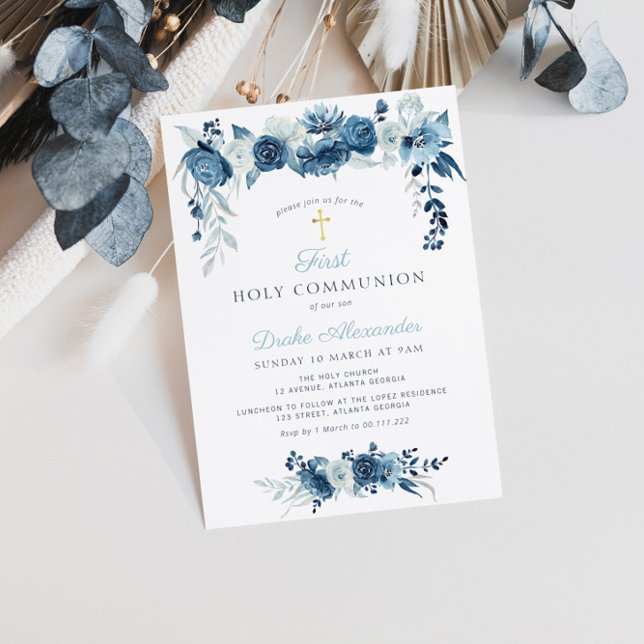 Elegant vattenfärgsblå blommigt första blandning inbjudningar (Skapare uppladdad)
