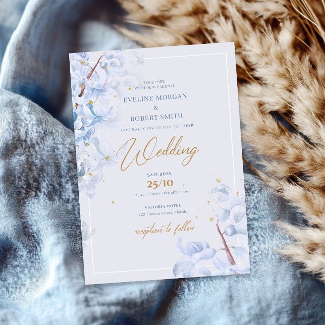 Elegant vattenfärgsblå hyacint faux guld inbjudningar (Elegant watercolor blue hyacinth faux gold invitation)