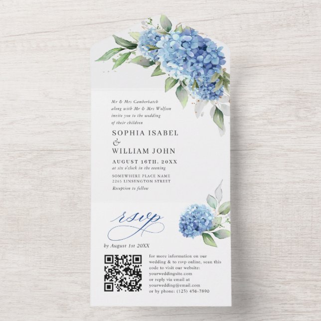 Elegant Vattenfärgsblå Hydrangea Blommigt Bröllop (Insida)
