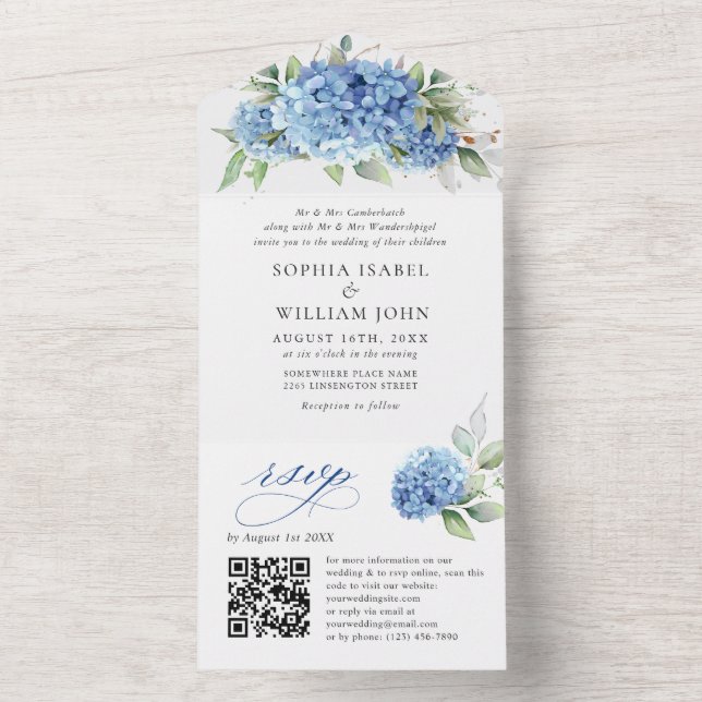 Elegant Vattenfärgsblå Hydrangea Blommigt Bröllop (Insida)