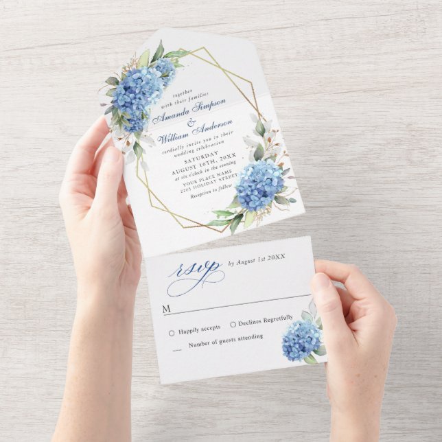 Elegant Vattenfärgsblå Hydrangea Blommigt Bröllop (Tearaway)