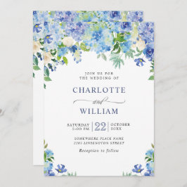 Elegant Vattenfärgsblå Hydrangea Blommigt Bröllop Inbjudningar