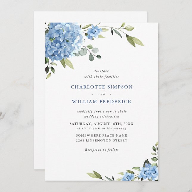 Elegant Vattenfärgsblå Hydrangea Blommigt Bröllop Inbjudningar (Fram/baksida)