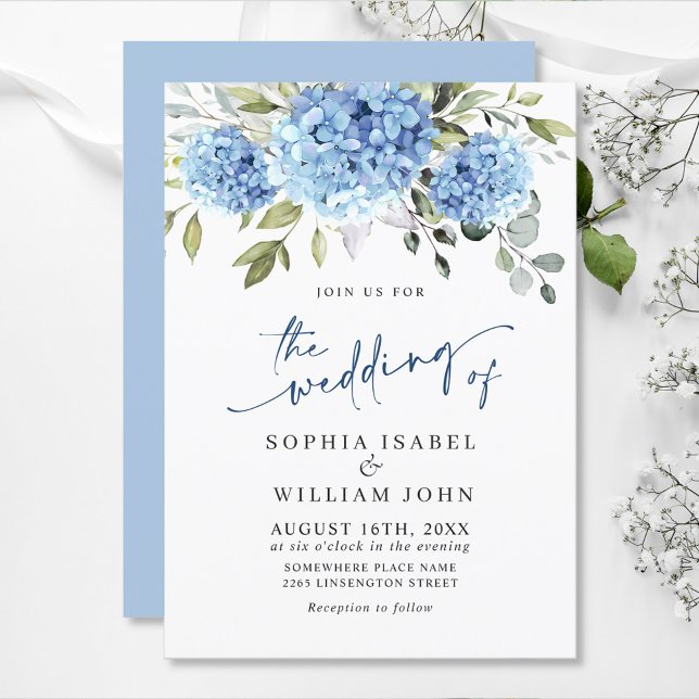 Elegant Vattenfärgsblå Hydrangea Blommigt Bröllop Inbjudningar (Skapare uppladdad)