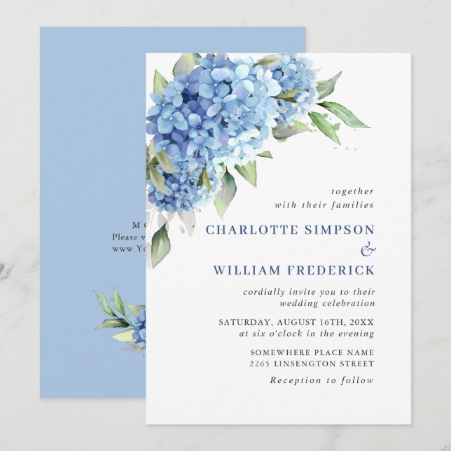 Elegant Vattenfärgsblå Hydrangea Blommigt Bröllop Inbjudningar (Fram/baksida)