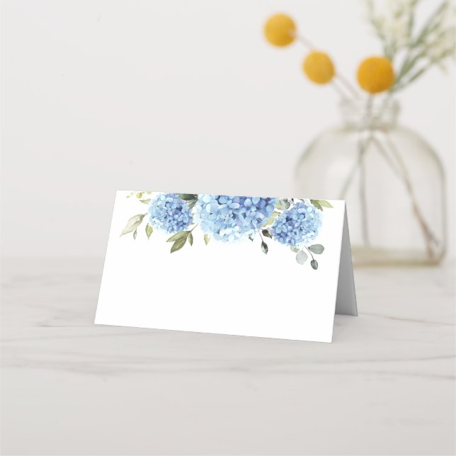 Elegant Vattenfärgsblå Hydrangea Bröllop Placeringskort (Framsida)
