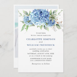 Elegant Vattenfärgsblå Hydrangea Photo Bröllop Inbjudningar