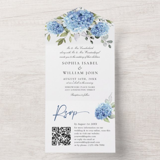 Elegant Vattenfärgsblå Hydrangea QR-kod Bröllop (Insida)