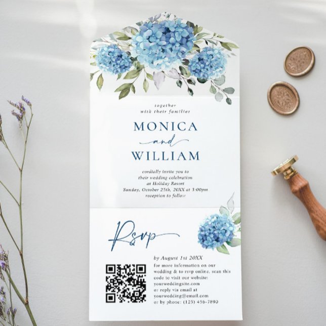 Elegant Vattenfärgsblå Hydrangea QR-kod Bröllop (Skapare uppladdad)