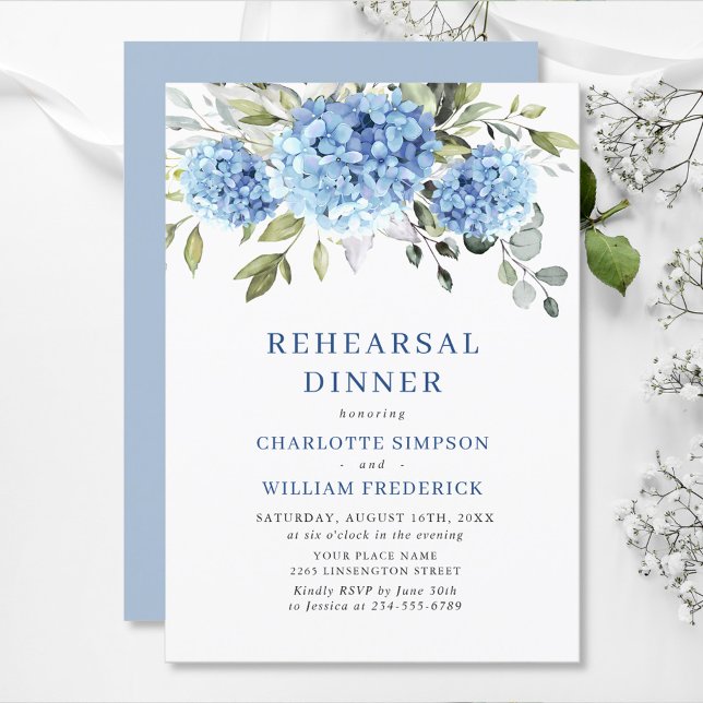 Elegant Vattenfärgsblå Hydrangea Rehearsal Middag Inbjudningar (Skapare uppladdad)