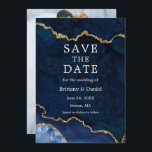 Elegant Vattenfärgsblå marble Agate Geode Photo Spara Datumet<br><div class="desc">Den moderna Elegantens vattenfärgsblått och Guld marble Agate Geode - Spara datumkortet - Foto bakåt</div>