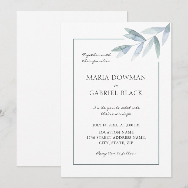 Elegant vattenfärgsblad Botaniskt mejeri bröllop Inbjudningar (Fram/baksida)