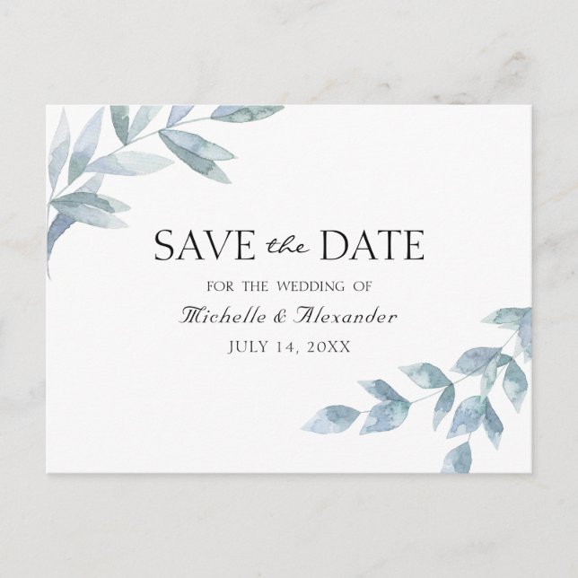 Elegant vattenfärgsblad Botaniskt spara datumet Vykort (Framsida)